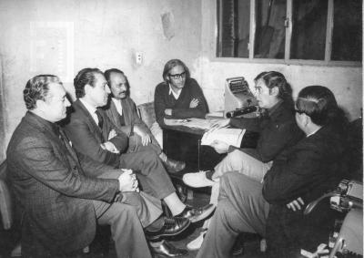 Dirigentes Mercantiles. Director del Banco Sindical Florencio Carranza, en la redacción de El Norte, Dr Zuelgaray, Dir. de El Norte, Redactor José Colombo