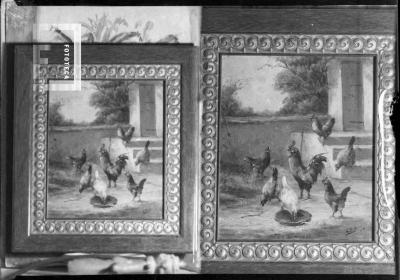 Cuadro de gallo y gallinas, de Carlos L. Bustos, propiedad del Dr. De Cara (2 tomas)