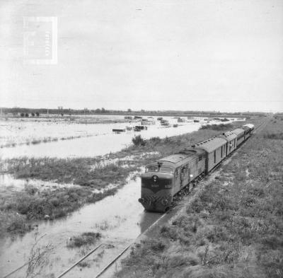 Inundación desde puente ruta 188 sobre vías con tren, 10 de noviembre de 1959