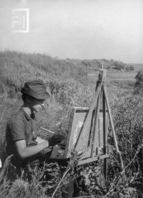 César Alberto Bustos pintando, durante curso de //Pintura al Aire Libre//, dictado por Antonio Di Yorio