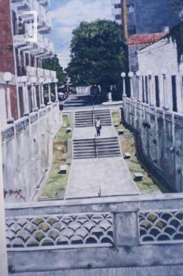 Reproducción de pintura bajada Belgrano desde puente calle Aguiar