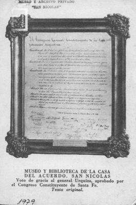 Reproducción Voto de gracia al general Urquiza, aprobado por el Congreso Constituyente de Santa Fe